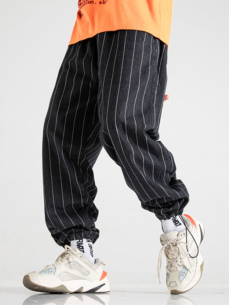 Mens Vertical Striped Daily Loose Drawstring Cuff Pants