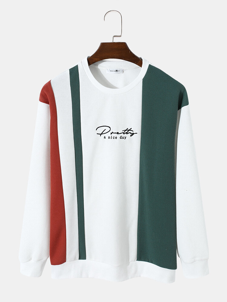 Mens Letter Embroidered Drop Shoulder Pullover Patchwork Knitted Sweatshirt