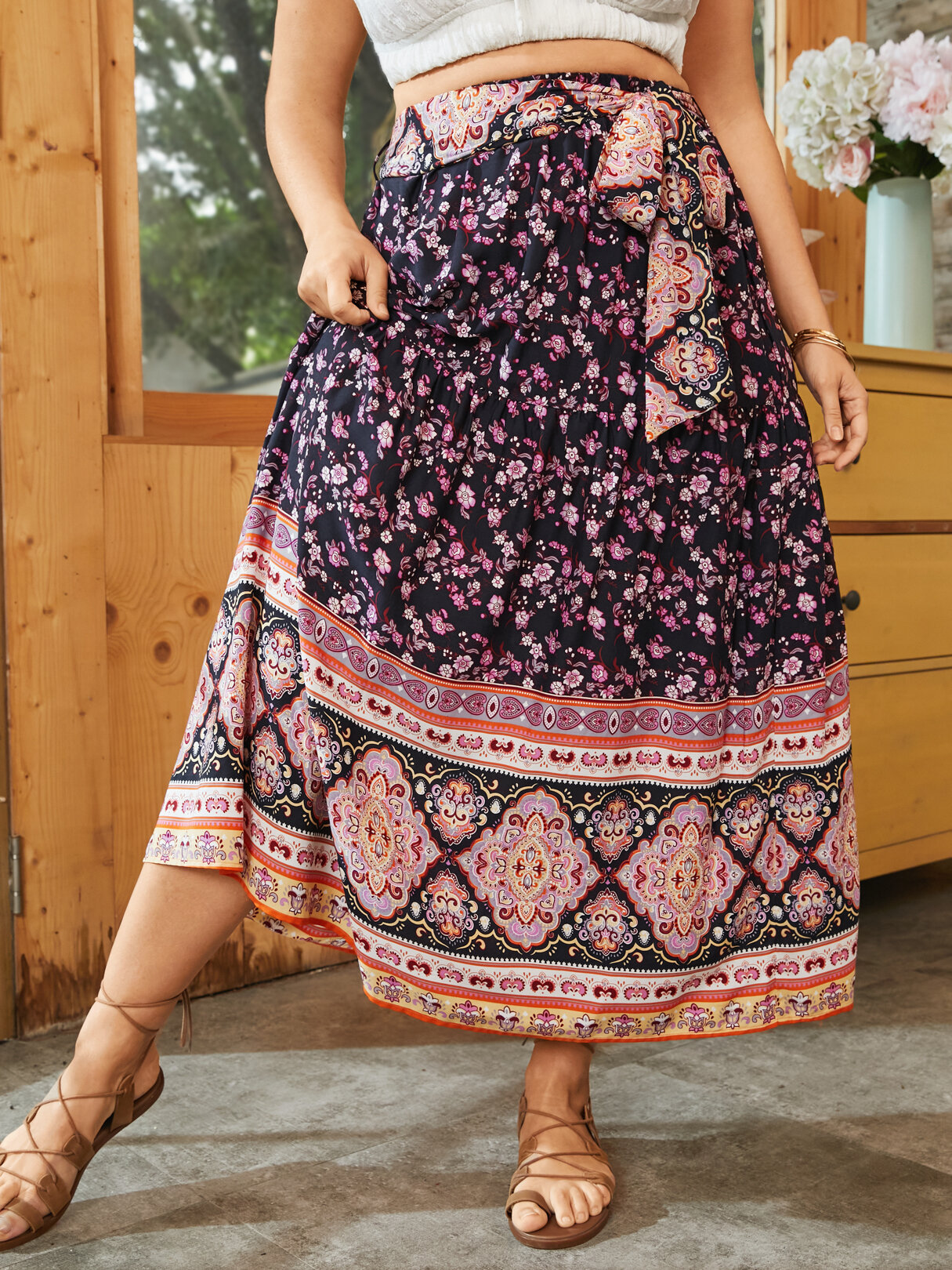 Plus Size Tribal Tie-up Patchwork Design Skirt