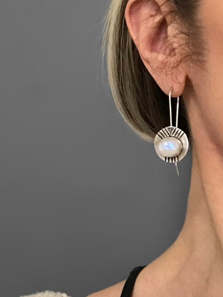

Vintage Round-shaped Inlaid Moonstone Alloy Ear Hook Earrings, Silver