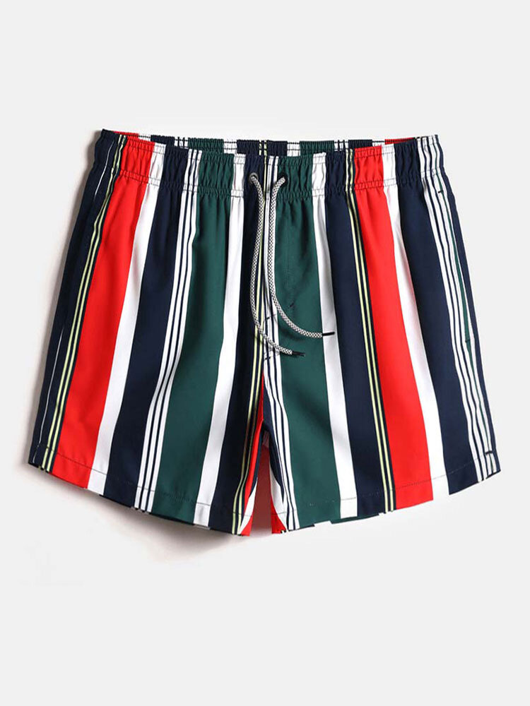 

Mens Colorful Striped Casual Drawstring Waist Shorts, Green