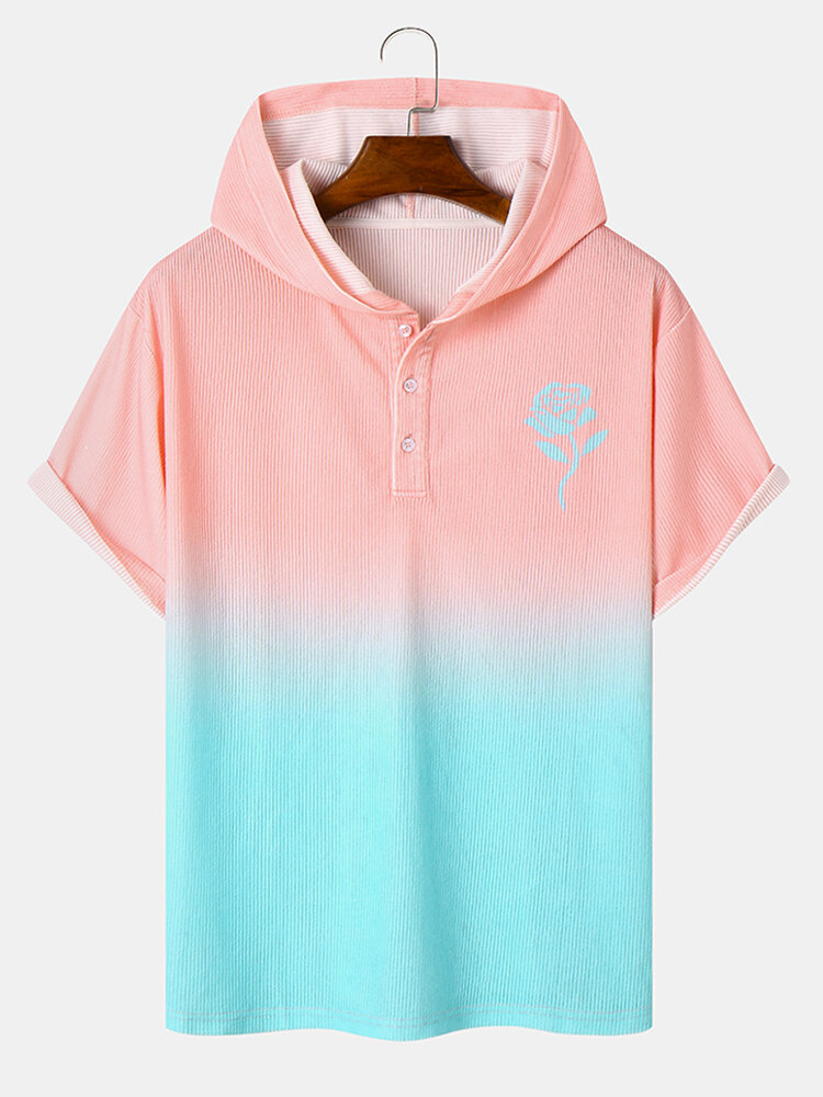 Mens Rose Ombre Print Corduroy Short Sleeve Hooded T-Shirts
