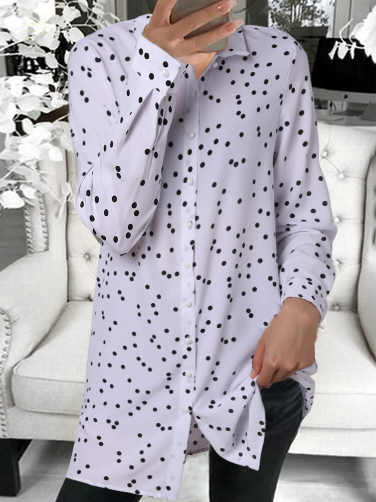 

Women Allover Polka Dot Print Lapel Long Sleeve Shirt, White