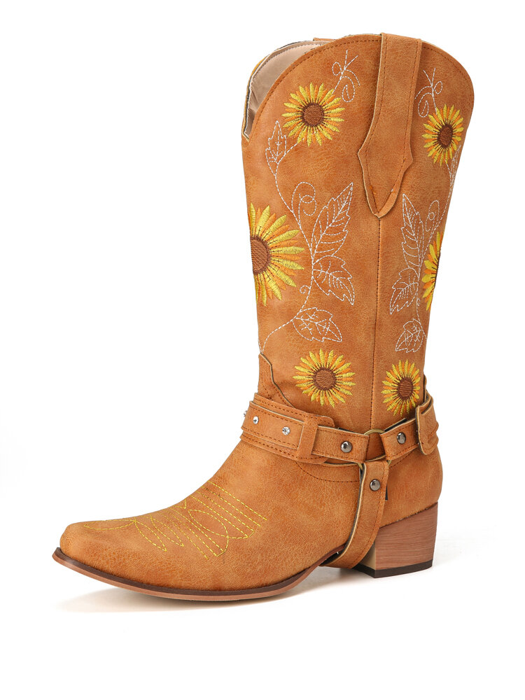 Retro Sunflowers Embroidered Pointed Toe Chunky Heel Harness Cowboy Boots For Women