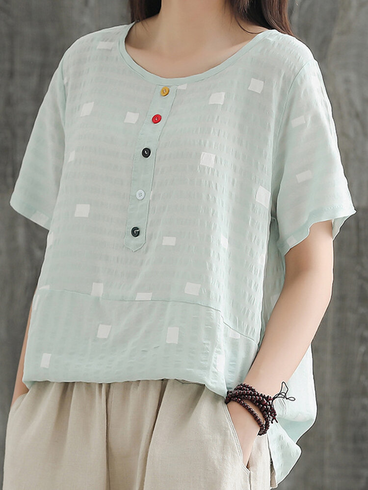Women's Vintage Plaid T-shirt Cotton And Linen Short-sleeved T-shirt