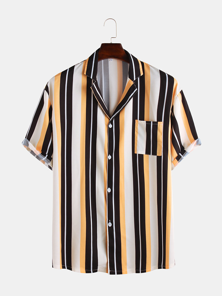 

Mens Brief Style Multi Color Stripe Casual Breathable Short Sleeve Shirts, Yellow