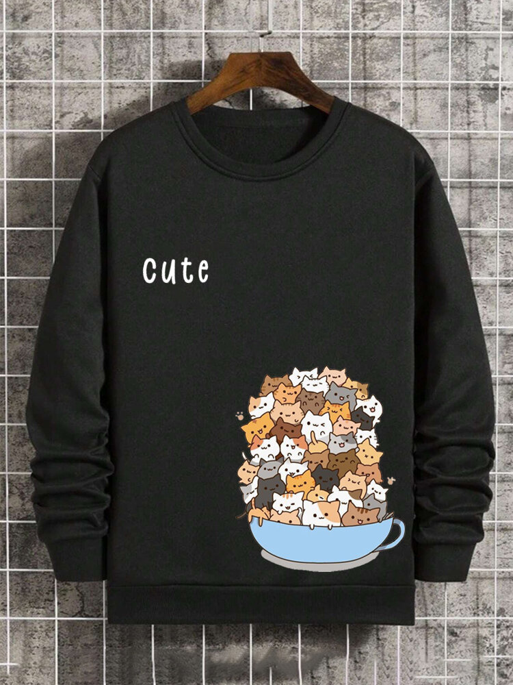 Mens Cute Cat Print Crew Neck Casual Pullover Sweatshirts Winter