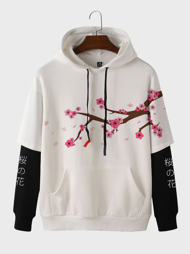 Mens Japanese Cherry Blossoms Print Patchwork Kangaroo Pocket Hoodies