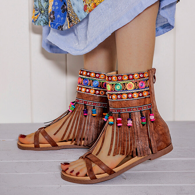 LOSTISY Embroidered Zipper Opened Toe Mid Claf Gladiator Sandals For Women 