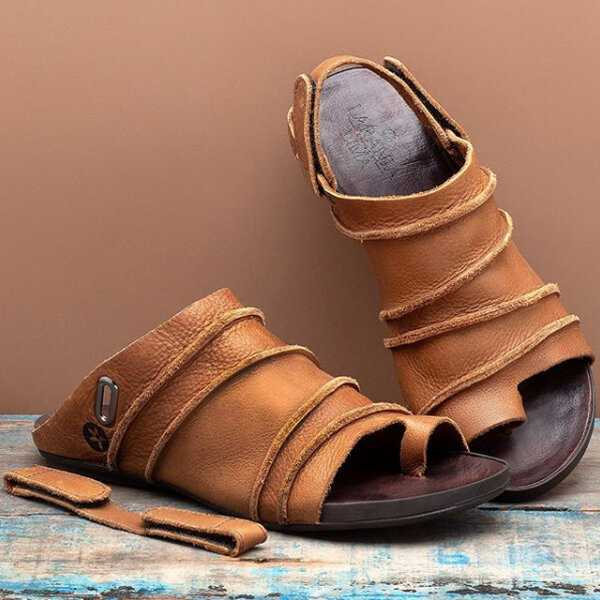 LOSTISY Hook Loop Clip Toe Handmade Stitching Casual Flat Non Slip Slingback Sandals