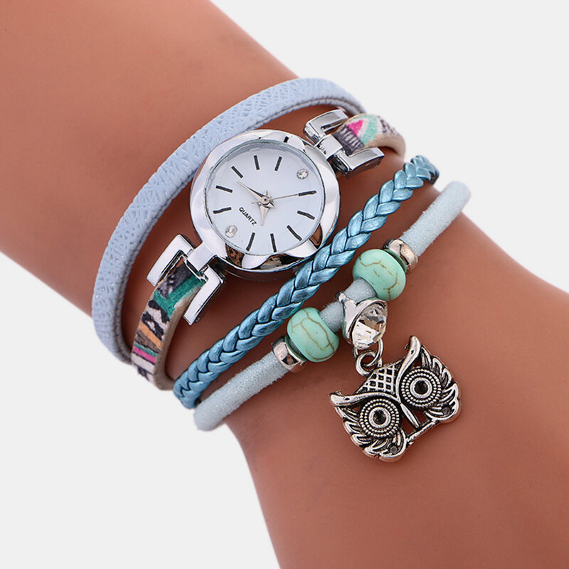 

Bohemian Cute Owl Leather Bracelet Watch Ethnic Metal Rhinestone Multi-layer Wrist Watches, Blue;pink;gray;white;black;beige
