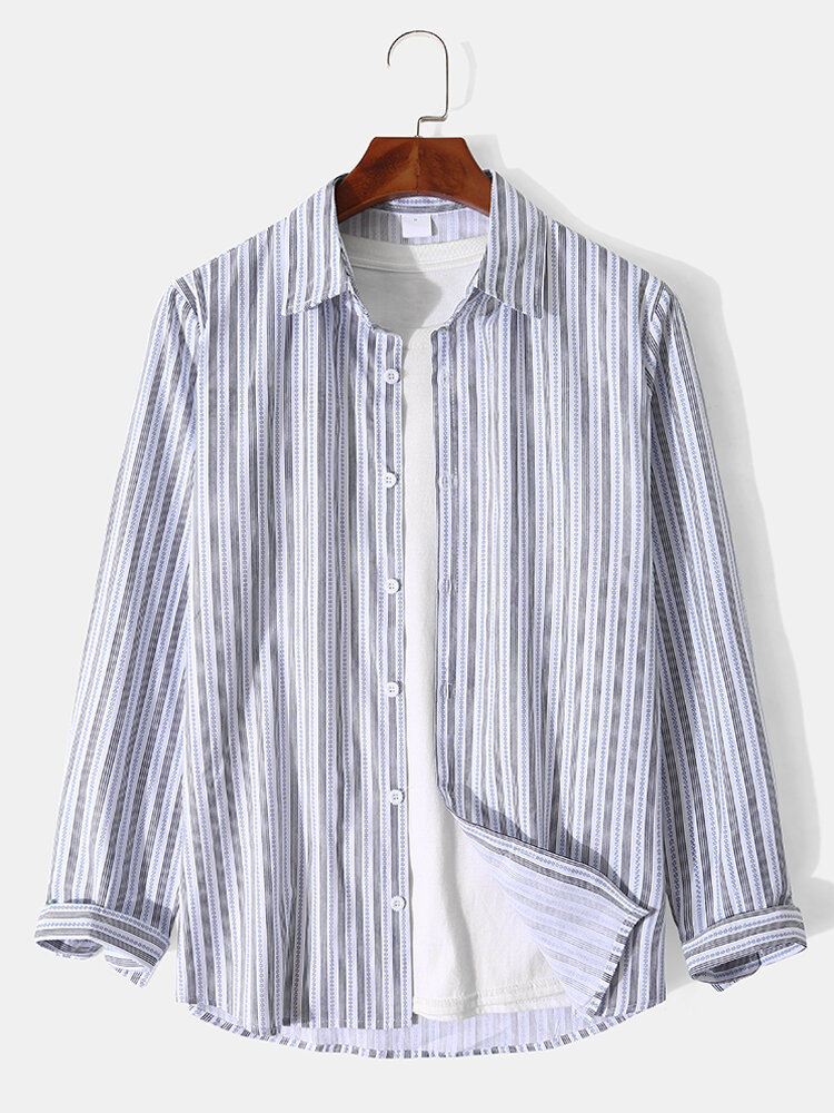 Mens Contrast Stripes Lapel Button Front Casual Long Sleeve Shirts