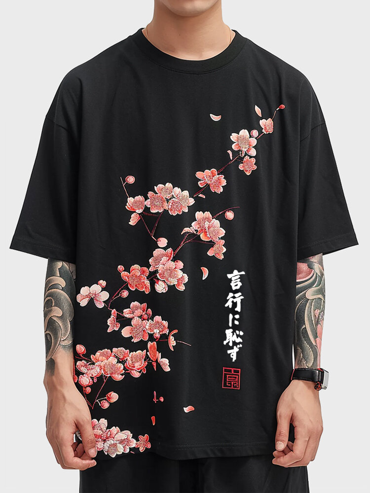 

Mens Japanese Cherry Blossoms Print Crew Neck Short Sleeve T-Shirts, Black