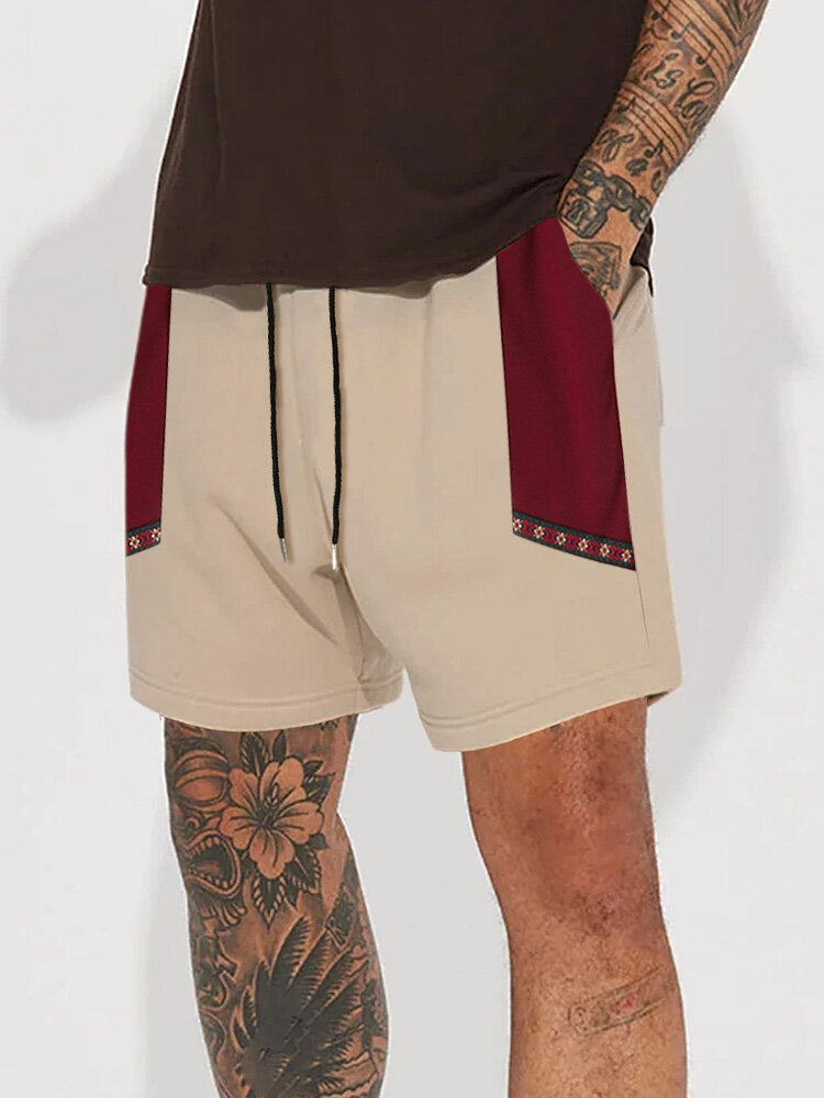 

Mens Ethnic Ribbon Color Block Stitching Loose Drawstring Shorts, Khaki
