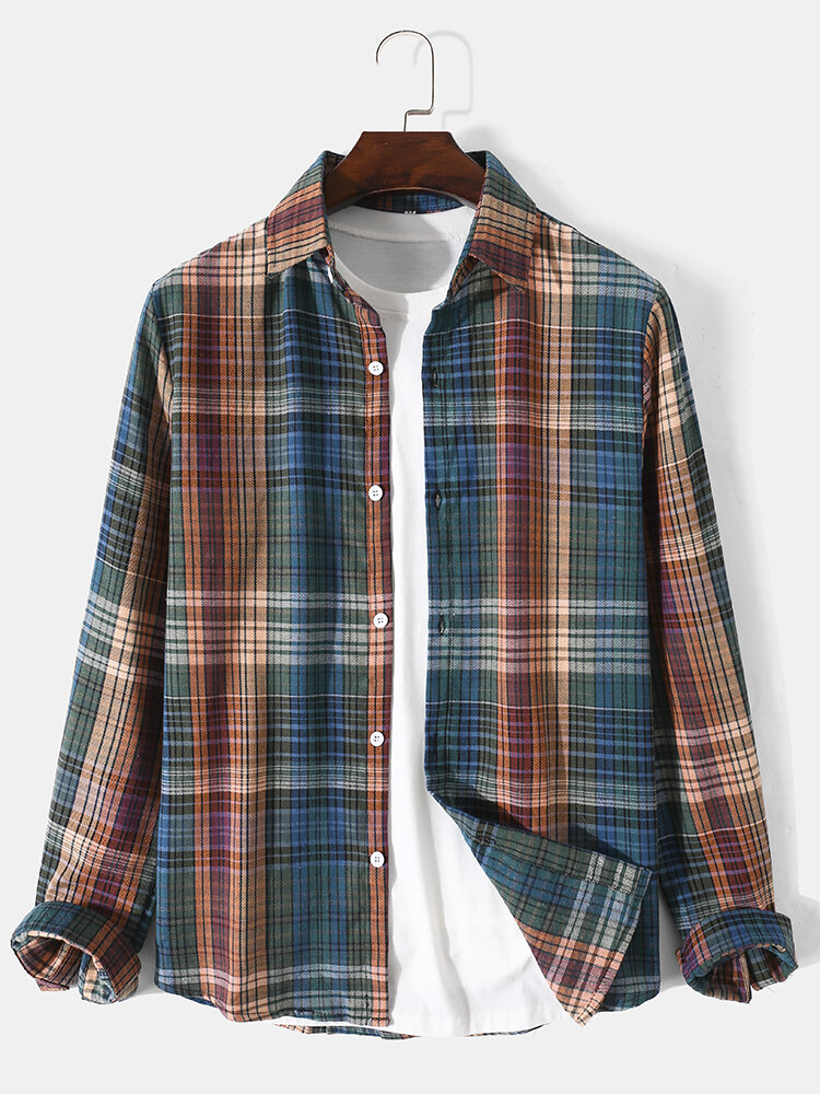 Mens Colorful Plaid Button Up Casual Long Sleeve Shirts
