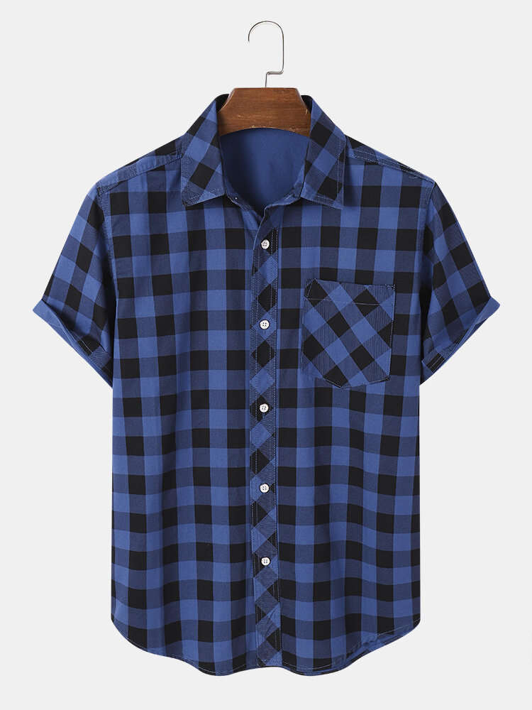 

Men Cotton Plaid Pattern Single Pocket All Matched Skin Friendly Shirts, Blue