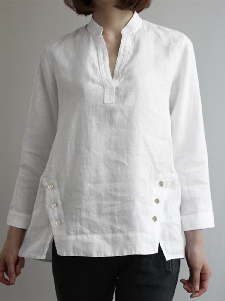 Women Solid Stand Collar Button Design Hem Cotton Blouse