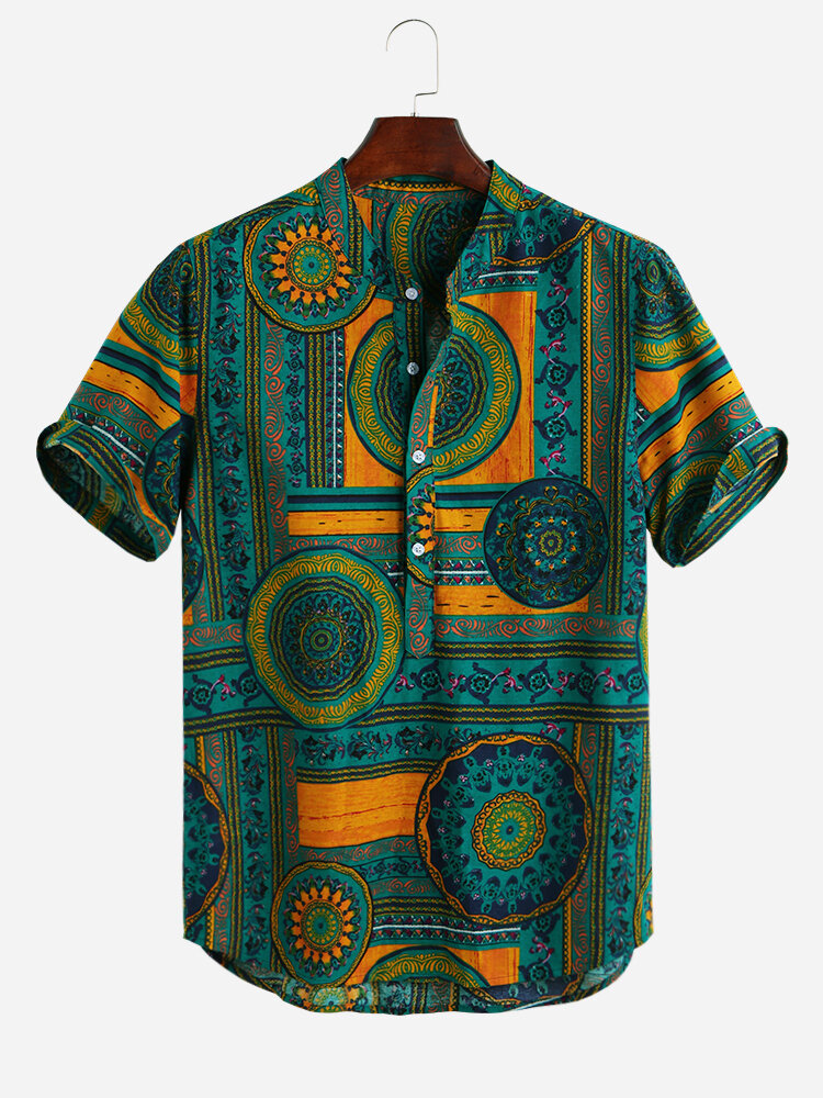 Koolsants Men T-Shirts Tops Ethnic Style Printed Plus Size O-Collar Short Sleeve 