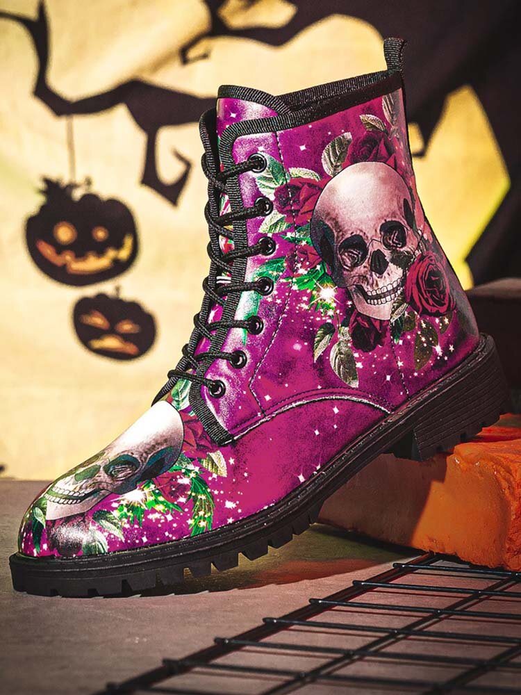 Men Halloween Skull Roses Pattern Stylish Colorful Short-Calf Boots