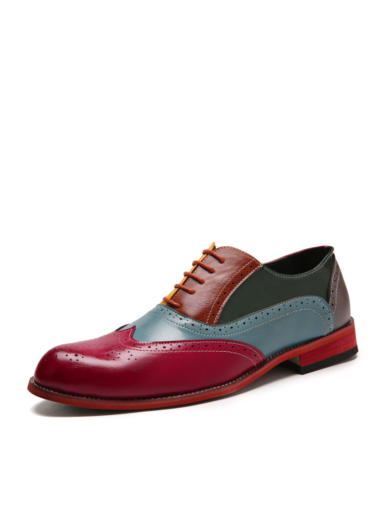

SOCOFY Men Broguo British Style Color Block Comfy Casual Gentleman Non-slip Dress Shoes, Red;blue