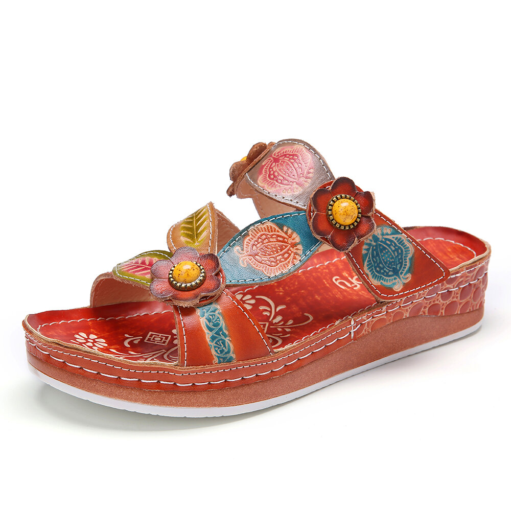 Retro Ethnic Style Material Stitching Floral Printed Flat Slip-On Slides Sandals 