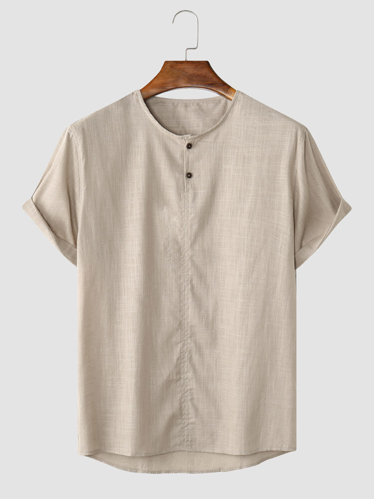 Men Cotton Linen Plain Color Casual Short Sleeve Street Shirts