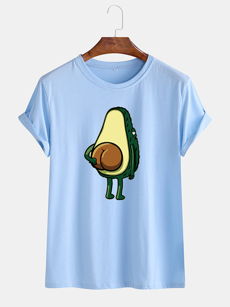 Mens Funny Cartoon Avocado Printed Casual O-neck Short Sleeve T-shirt
