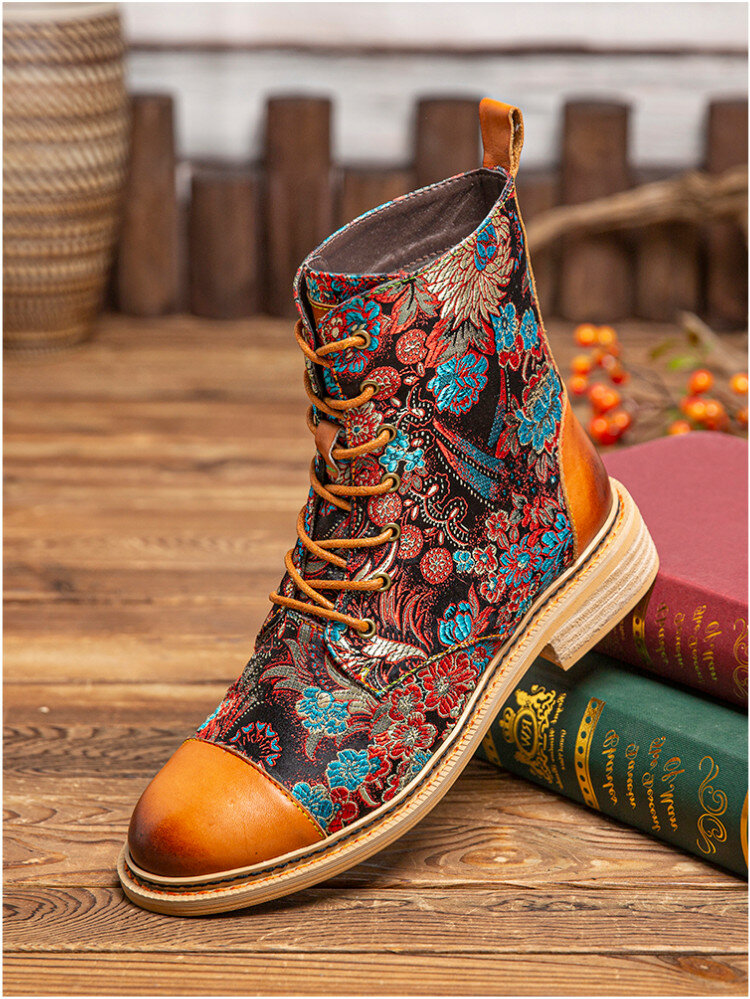 SOCOFY Prosperous Flowers Cloth Stitching Cap Toe Leather Comfy Wearable Lace Up Women Short Boots