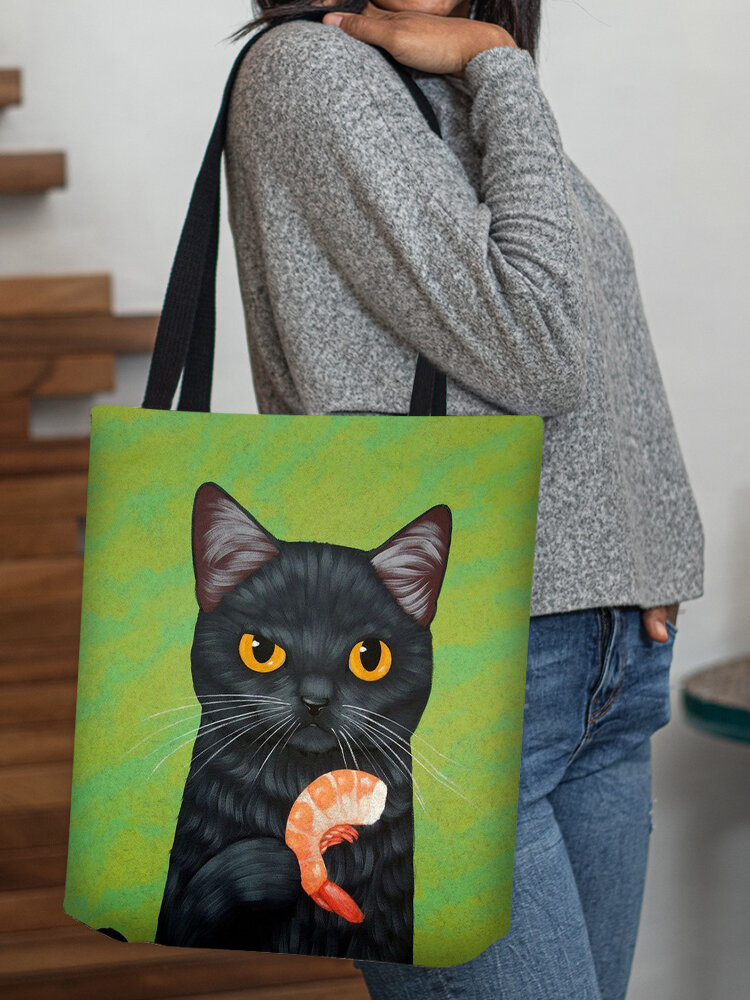 Women Cat Shrimp Pattern Print Shoulder Bag Handbag Tote