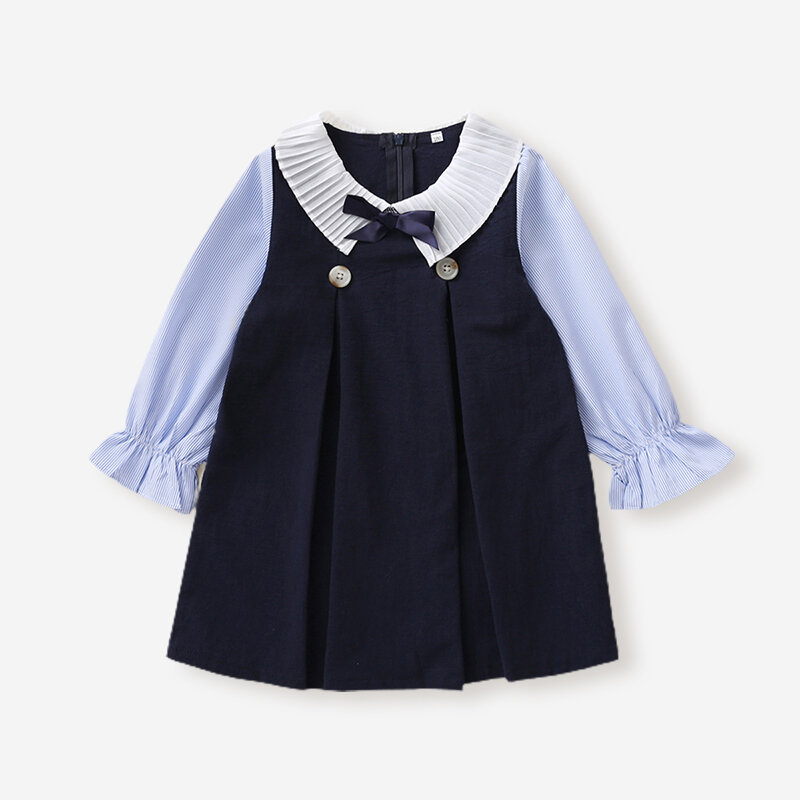 

Girl's Striped Print Patchwork Long Sleeves Casual Dress For 1-5Y, Dark blue