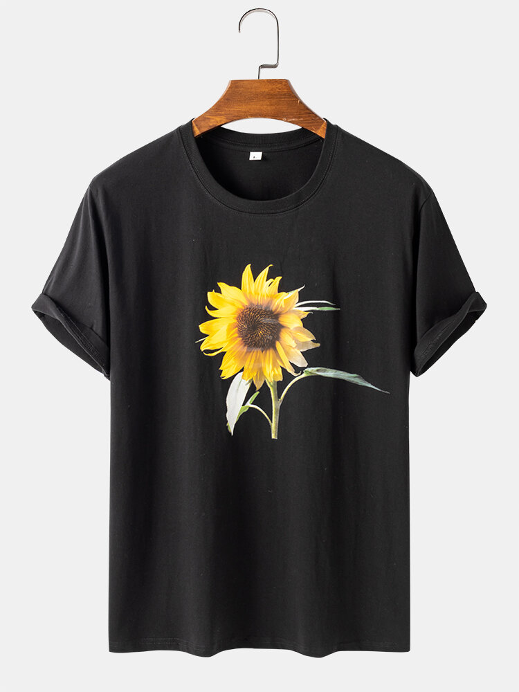 Mens Sunflower Print Solid Color Light Casual O-Neck T-Shirts