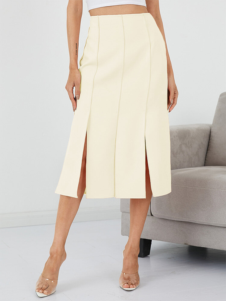 Solid Slit Contrast Stitch High Waist Midi Skirt For Women