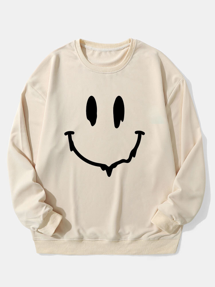 

Mens Smile Face Print Crew Neck Casual Pullover Sweatshirts Winter, Apricot
