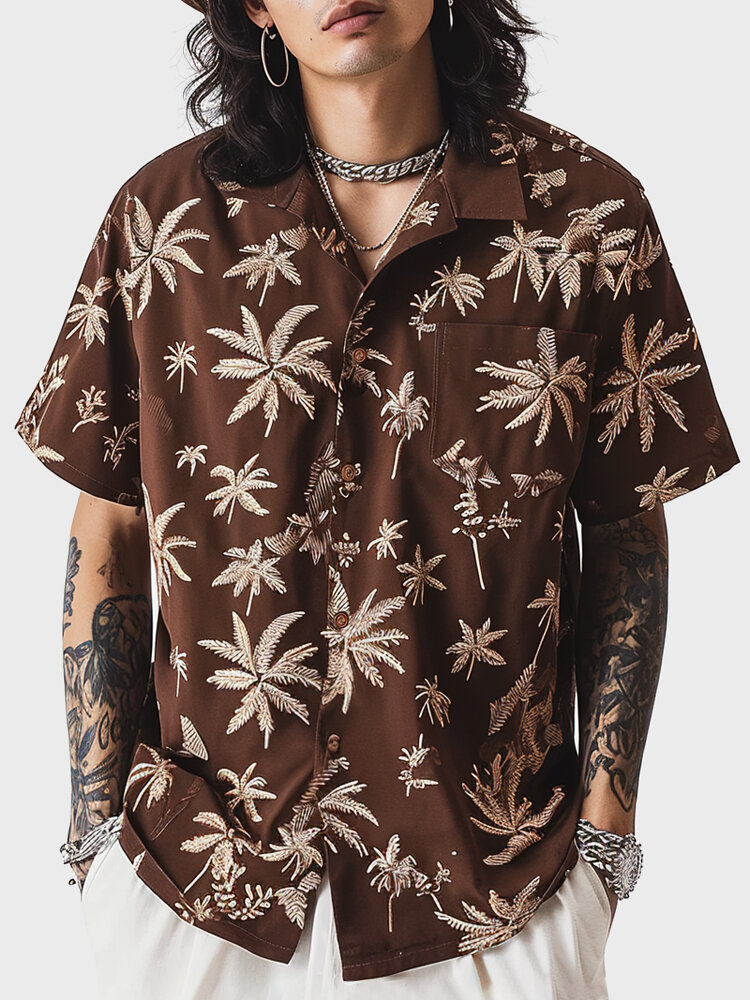

Mens Allover Palm Tree Print Lapel Vacation Short Sleeve Shirts, Maroon