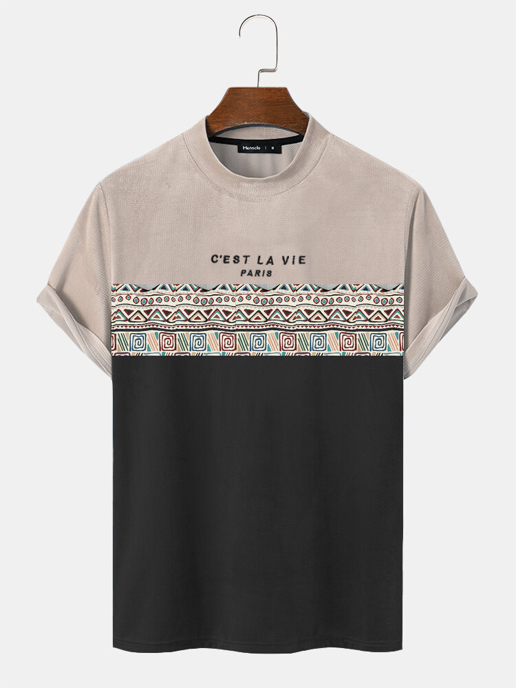 

Mens Letter Geometric Pattern Patchwork Texture Short Sleeve T-Shirts, Khaki;coffee;black
