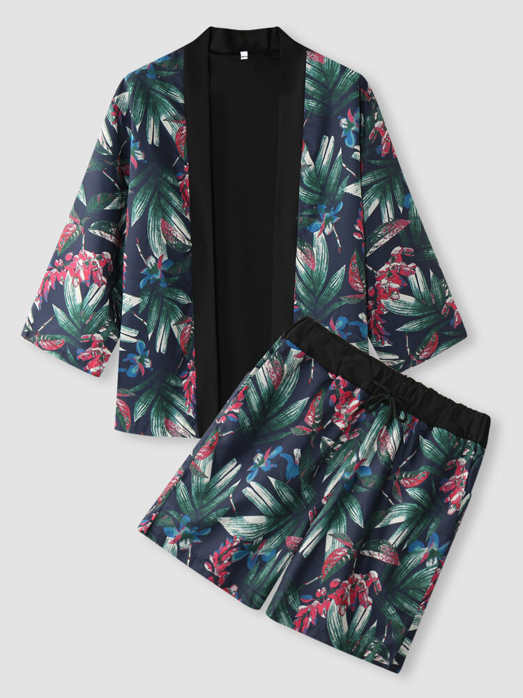 Mens Plant Print Open Front Kimono Vacation Two Pieces Outfits