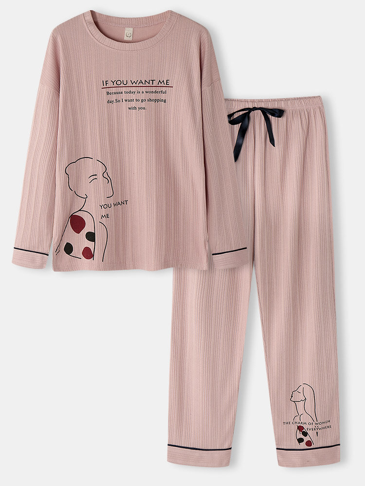 Women Rib Letter Figure Print Crew Neck Cotton Home Pajamas Sets