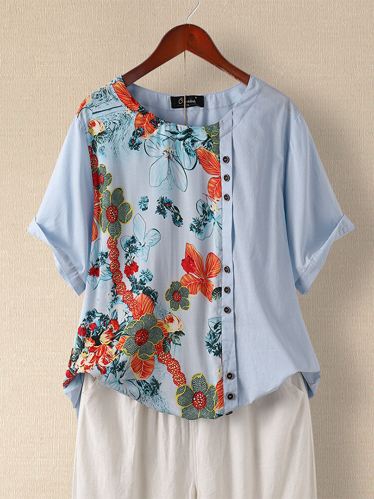 Блузка с круглым вырезом и пуговицами в стиле пэчворк с цветочным принтом Plus Размер