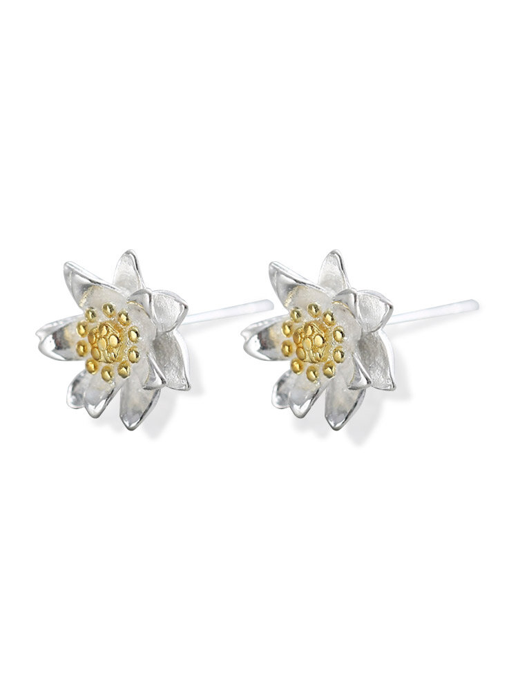 Ethnic 925 Sterling Silver Earrings Elegant Classic Lotus Flowers Stud Earrings for Women