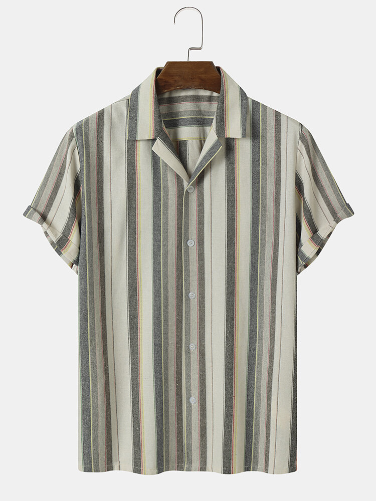 Mens Striped Camp Collar Button Up Daily Short Sleeve Shirts