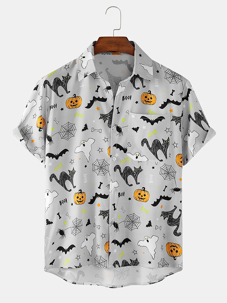 Mens Funny Halloween Pumpkin Print Holiday Short Sleeve Shirts