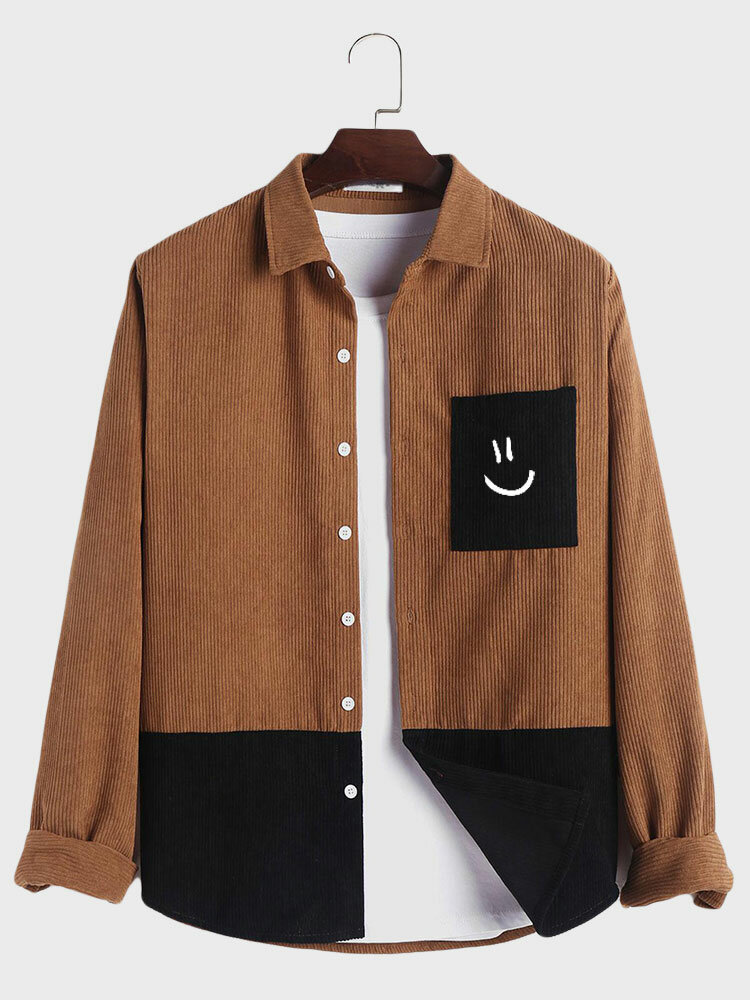 Mens Smile Face Embroidered Patchwork Corduroy Long Sleeve Shirts