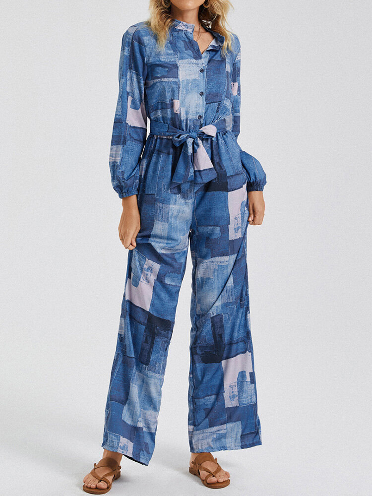 Printed Stand Collar Button Casual Jumpsuit with Belt