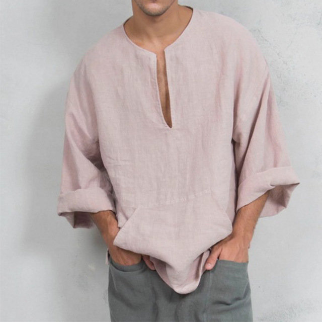 New Men's Cotton And Linen Loose Horn Long-sleeved T-shirt Male
