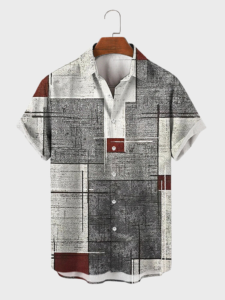 

Mens Geometric Random Line Print Casual Short Sleeve Shirts, Gray