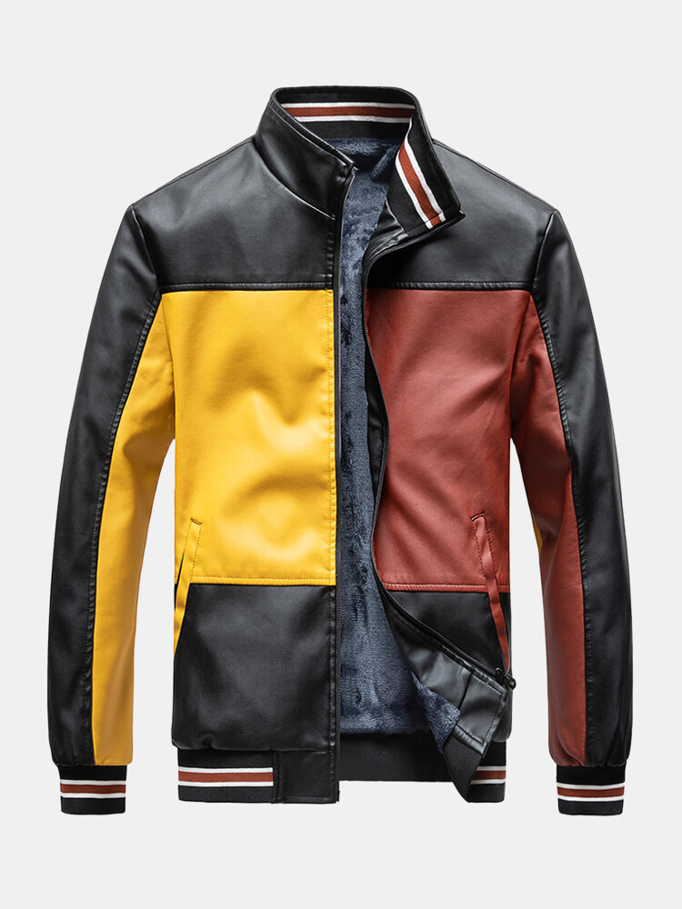 Mens Colorblock Patchwork PU Leather Zip Front Lapel Collar Thicken Jackets
