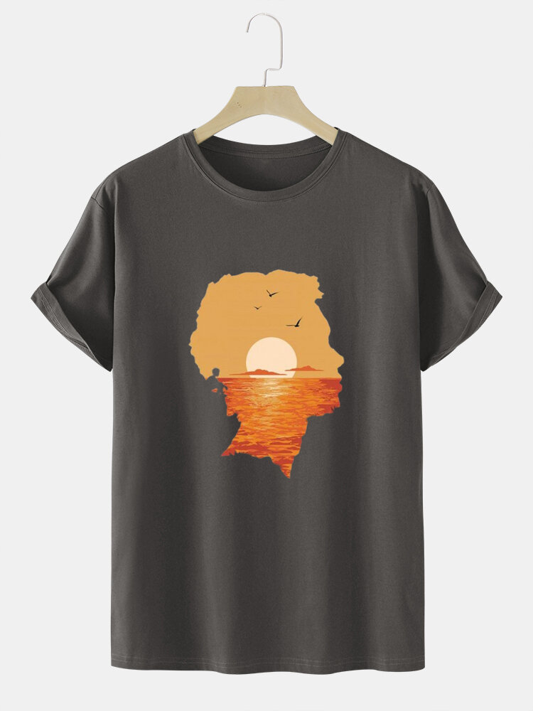 Mens 100% Cotton Design Portrait Sunset Print Short Sleeve T-Shirt