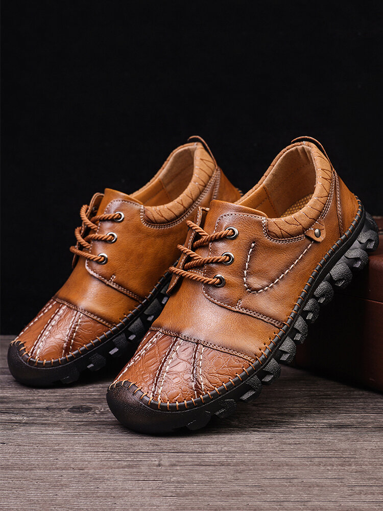 Menico Men Delicate Hand Stitching Leather Splicing Non Slip Casual Shoes