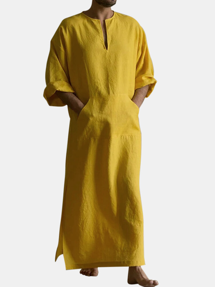

Mens Cotton Solid Color Kaftan Vintage Loose V-Neck Split Long Dress Casual Robes, Yellow;khaki;blue