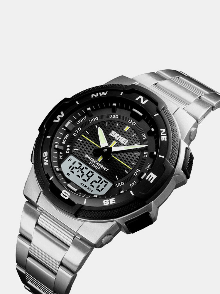 Business Style Men Wrist Watch Chrono Dual Digital Watch Stainless Steel Waterproof Watch